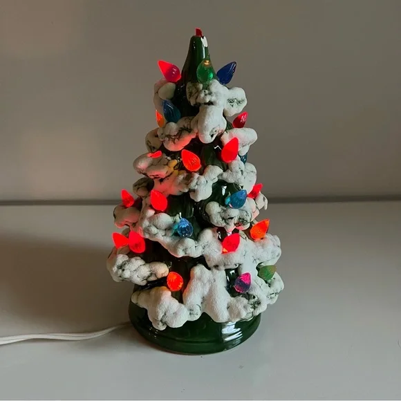 Vintage Ceramic Christmas Tree Snow Dated 1984 Green Multi Color 9” Tall
